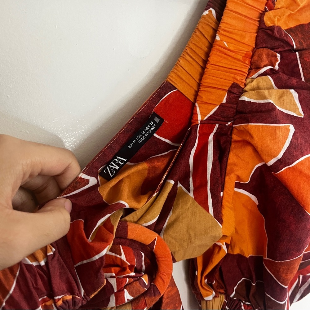 Zara Orange Short Puff Sleeve Tropical Vacation Floral Crop Top Blouse - Picture 5 of 7